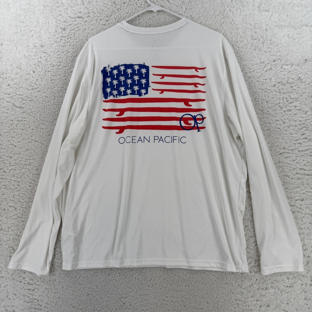 Ocean Pacific Shirt Mens XL White Long Sleeve USA Flag Surf Graphic Performance